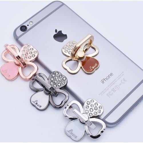 Cute Metal Cell Phone Crystal Clover Holder Round 360 Ring Stand Finger Bracket Smartphone Desk stand Grip Socket Mount