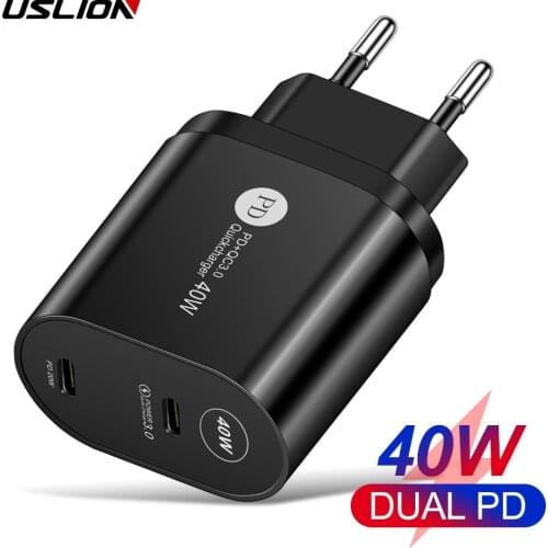 USLION Fast Charge 40W Double PD USB Charger QC 3.0 Type C Phone Adapter For iPhone 12 11 Pro Xs Max iPad Huawei Xiaomi Samsung