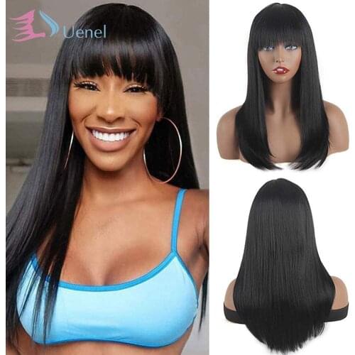 Uenel 20Inch Black Long Straight Wigs with Bangs for Women Girls Cosplay Costume Daily Wear Heat Resistant Natural Look Hair