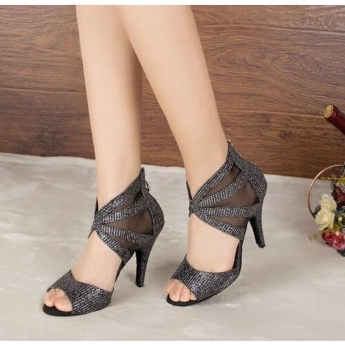 2021 Women Dancing Shoes Mesh Hollow Out Salsa Bachata Boots High Heels Female Sexy Black Soft Bottom Heels Cheap Shoes L166