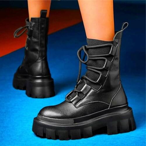 Military Oxfords Women Cow Leather Round Toe Ankle Boots Flat Platform Motorcycle Chain Chunky Creeper Shoe 34 35 36 37 38 39