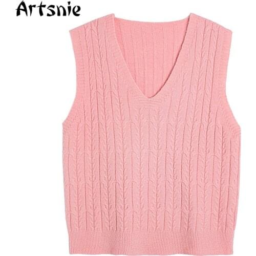 Artsnie Vintage V Neck Sweater Vest Women Spring 2021 Sleeveless Knitted Pull Femme Streetwear Casual Pink Ladies Sweater Vest