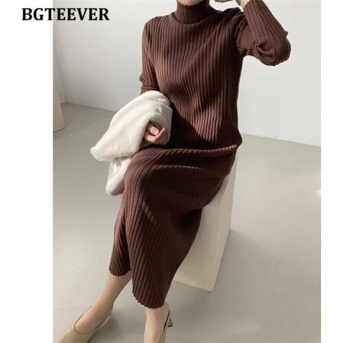 BGTEEVER Winter Turtleneck Sweaters Dress for Women Elegant Full Sleeve Loose Female Knitted Dress 2021 Autumn Knit Vestidos