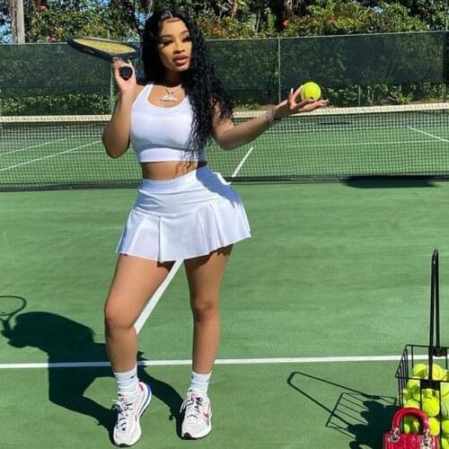 Solid 2 Two Piece Set Women Tracksuit Sexy Halter Crop Top+Pleated Skirt Sets Summer Vacation Outfits Femme Streetwear New 2021