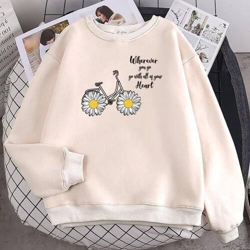 Go With All Of Your Heart Chrysanthemum Bike Print Women Hoody Simple Soft Sweatshirt Street Loose Hooded Autumn Fleece Clothing