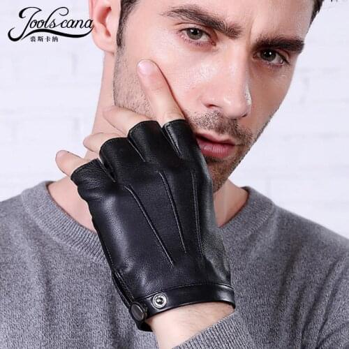 Joolscana men leather fingerless gloves driving summer black gloves for men 100% genuine leather half finger winter autumn
