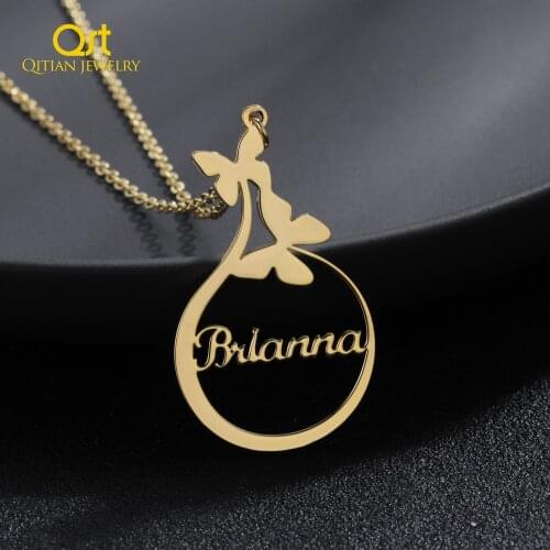 Personalized Butterfly Name Necklace Custom Gold Name Necklace Stainless Steel Nameplated Necklaces Round Jewelry Gifts Women