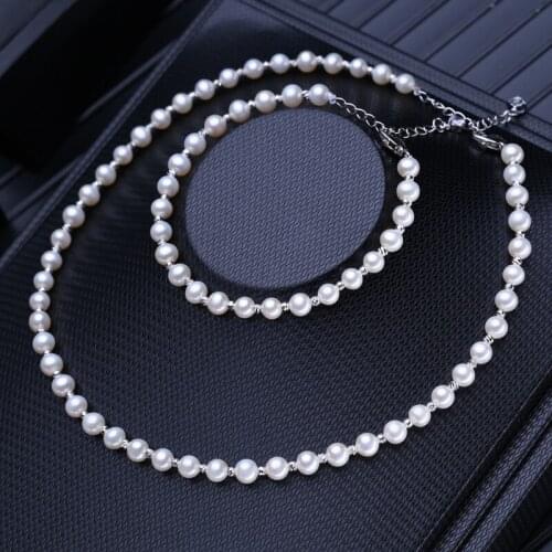 FENASY Natural Freshwater Pearl Necklaces For Women Luxury Round 35 CM Choker Necklaces Silver Color Wedding Jewelry Sets