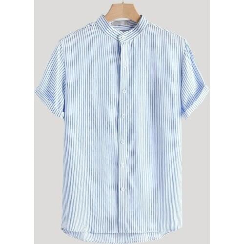 Mens Stand Collar Striped Short Sleeve Shirt Summer Fashion Casual Loose Linen High Quality Large Size Shirt Men Clothing 2021