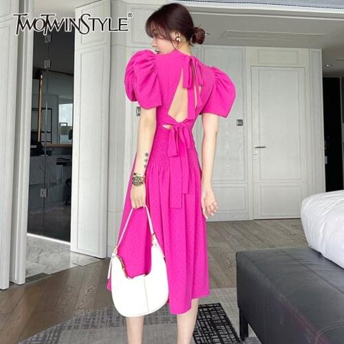 TWOTWINSTYLE Elegant Lace Up Dress For Women Stand Collar Puff Short Sleeve High Waist Slim Midi Dresses Female 2021 Fashion New