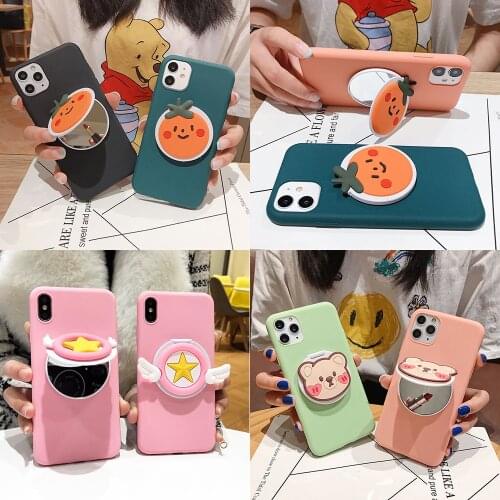 Holder Makeup Mirror Case For OPPO A92 A91 A31 A5 A9 2020 AX7 A5S A3s A37 A71 A73 A83 A72 A71 A12 Cartoon Cover With Strap Funda