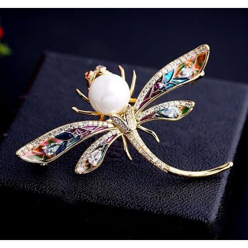 SWOUR New Trend Multicolor Enamel Dragonfly Design Elegant Pearl Party Suit Apparel Cubic Zircon Brooch Pins Jewelry Women S310