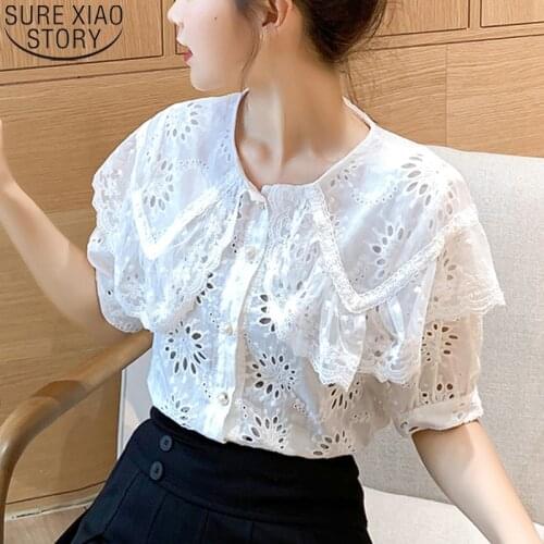 2021 Summer Loose White Lace Shirt Women Hollow Out Tops Korean Chic Short Sleeve Shirt Female Casual Solid Shirts Blusas 13608