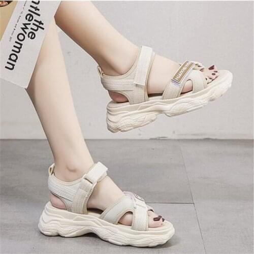 2021 Summer New Canvas Hook & Loop Platform Sandals For Women Chunky Sports Style Double Buckle Open Toe Wedges Beach Shoes