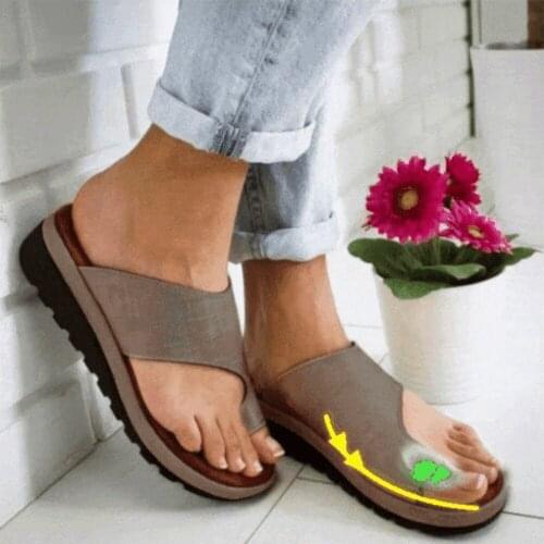 Dropshipping Women Comfy Platform Sandal Shoes Feet Correct Thickened Street PU Leather Dating Shopping Flat Sole Women Sandal