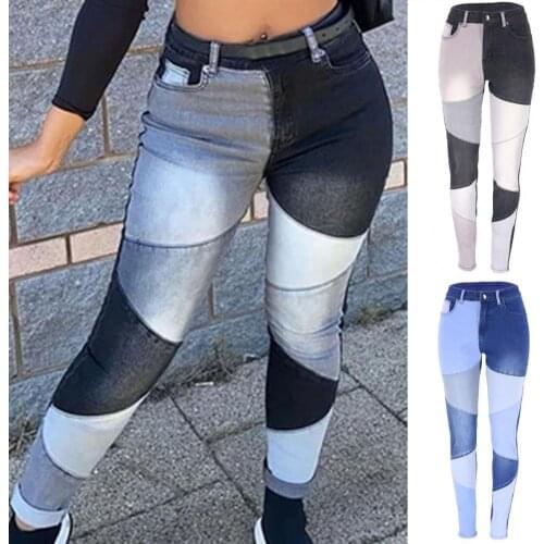 2 Colors Women Vintage Splicing Jeans Slim All Match Temperament Pants Tight High Waist Denim Trousers for Daily Life