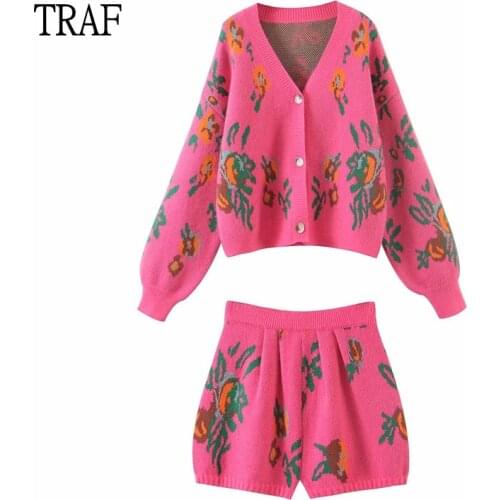 TRAF Za 2021 2 Piece Set Women Cardigan Sweater Vintage Flowers knit Sweaters Woman Jacket + High-Waisted Mini Shorts Woman Set