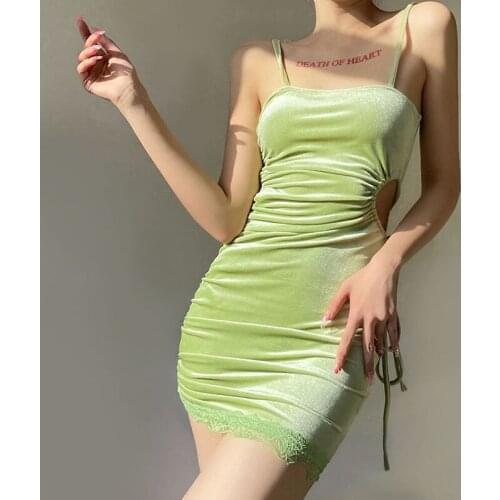 2021 Green Dresses for Women Fashion Sexy Backless Off The Shoulder Dress Summer Drawstring Lace Buttock Bodycon Dress Aesthetic