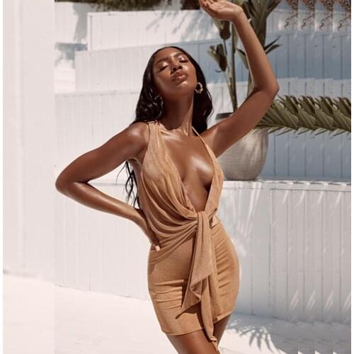 2019 New Spaghetti Strap Sexy Summer Dress Champagne Color V Neck Belt Women Mini Clubwear Backless Vestidos Party Night Out