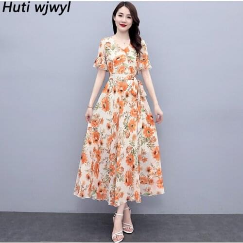 Plus Size Floral Chiffon Boho Beach Sundress 2021 Summer Vintage Casual Vacation Midi Dresses Women Bodycon Party Maxi Vestidos