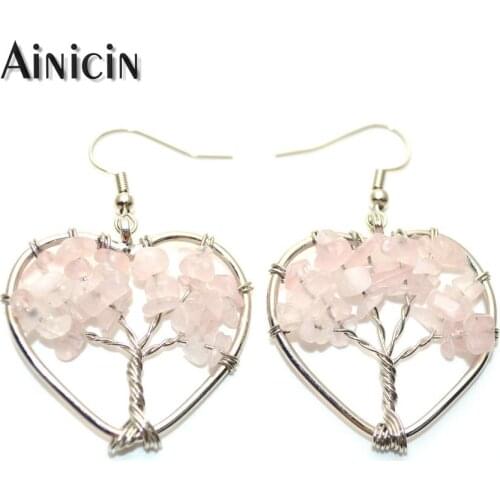 Gold Silver Color Natural Pink Quartz Hand Wrist Tree Of Life Hook Dangle Earrings Fashion Women Jewelry