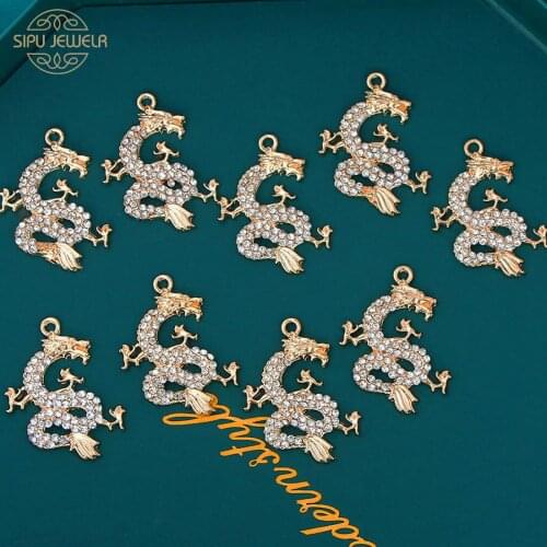 10Pcs Shiny Rhinestone Fly Dragon Charms Pendant 32*25mm Gold Silver Color Alloy Animal Charm For DIY Necklace Making Accessorie