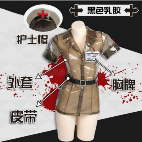 Cos Nurse Cosplay Costume Leather Leotard Elastic Clack Hot Anime Cosplay Belt Hat Transparent See-through Blouses