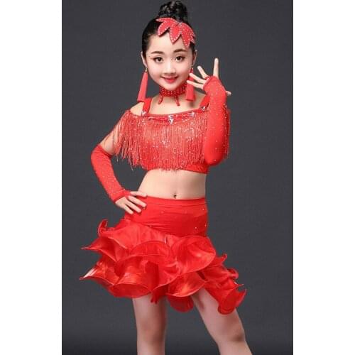 Childrens Latin dance costumes childrens girls Latin dance skirt show competition costumes new sequins tassels