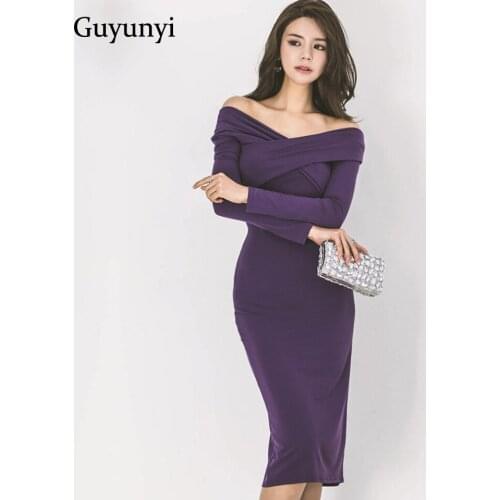 Purple Elegant Cocktail Party Dress 2021 Spring Simple Sexy Off The Shoulder Slash Neck High Waist Tight Dress Women
