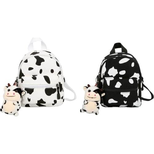 Mini Canvas Daypack with Plush Pendant Cow Print Backpack for Women Lady Girls Outdoor Travel Shopping Shoulder Bag Bookbag