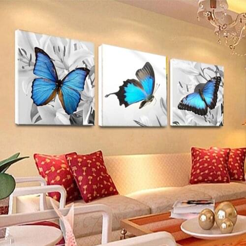 Canvas Painting Poster Wall Picture Living Room Wall Art 3 Panel Blue Butterfly Home Decoration Frameless Modular Picture T308