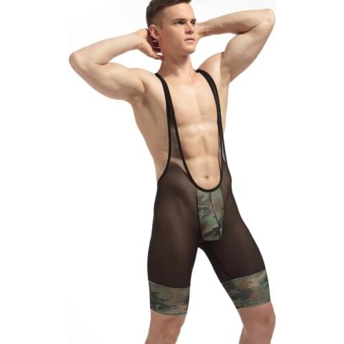 Mans Camouflage Shapers A Piece Man Underwear Performance Clothes Transparent Mesh Show Bodysuits Gay Bar Tight Underwear