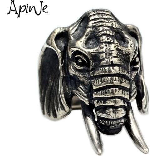 Apinje Creative Vintage Elephant Shape Rings for Men Ethnic Style 925 Sterling Silver Animal Hip Hop Male Ring Party Jewelry Gif