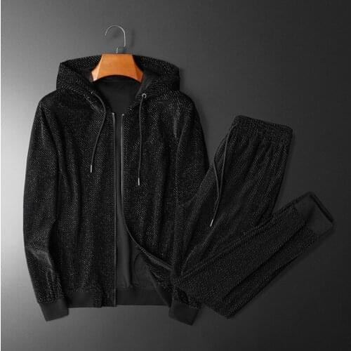 2021 high-end mens casual suit velvet simple striped embroidery flower plus size hooded jacket trousers