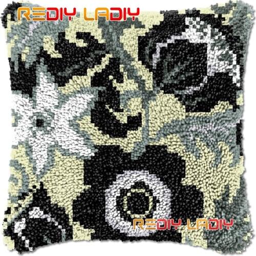 Latch Hook Cushion Black Flowers DIY Needlepoint Kits Chunky Acrylic Yarn Arts Crocheting Lofty Pillow Case Hobby & Crafts