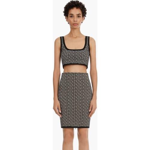 2021 Summer New Black Prints Sexy Spaghetti Straps Two Piece Bandage Set Elegant Women Sexy Night Club Party Dress