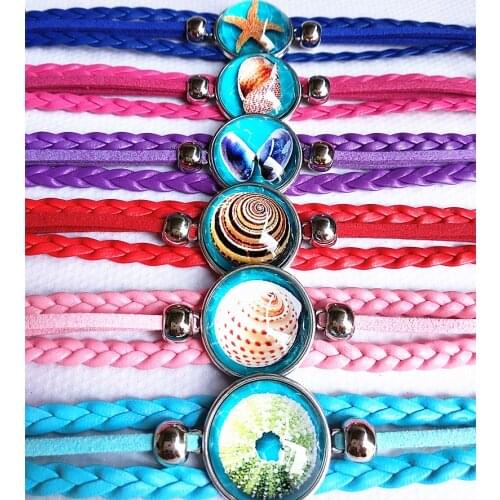 24pcs/lot New spring and summer,Blue ocean shell fish Glass bracelets for girls Children Round Dome bangle hand chain wholesale