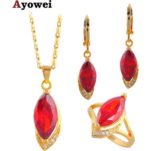 Wholesale & Retail Fashion jewelry gold tone Garnet Zircon Jewelry Sets Earrings Necklace Ring sz #6.5 #7.5 #8.5 JS281A