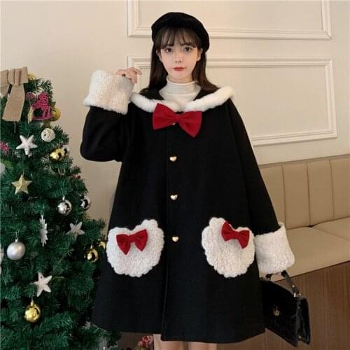 Autumn Winter Sweet Women Cute Gentle Wool Coats Christmas Warm Long Coat Girl Preppy Style Chic Bow Loose Jacket Kawaii Outwear