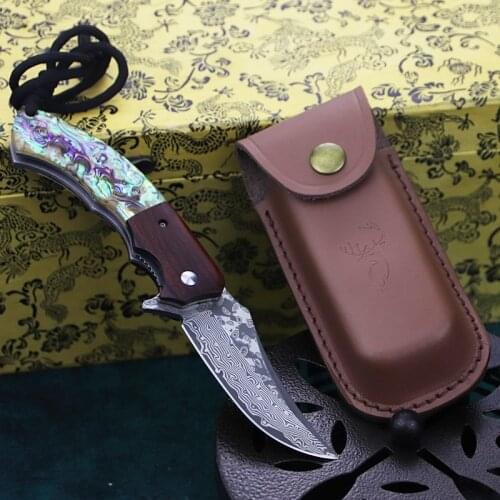 Damask steel emerald green handle sharp folding knife, G10 steel core outdoor tactical folding knife, household collection gift