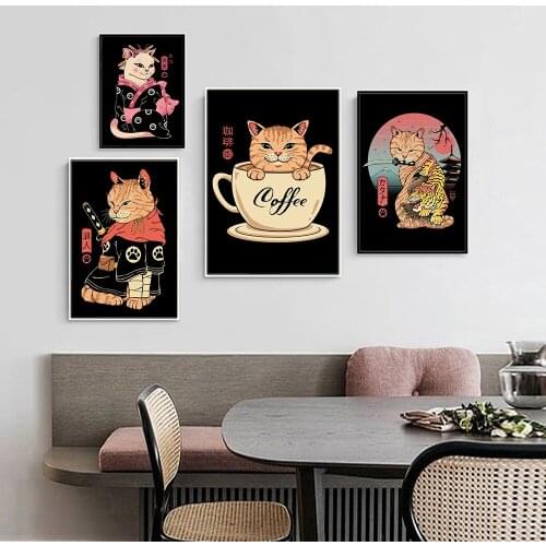 Japanese Demon Cat Girl Art Poster Cartoon Samurai Geisha Cat Coffee Print Retro Canvas Painting Kidroom Home Decor Picture