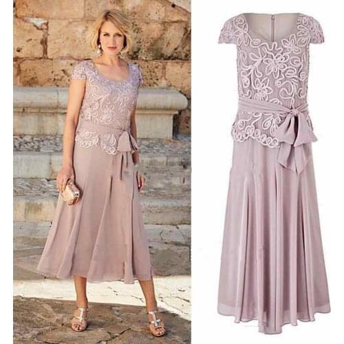 A Line Mother Of The Bride Dresses Tea Length Scoop Neck Lace Party Dress For Mothers Groom Formal Party Gowns madrinha