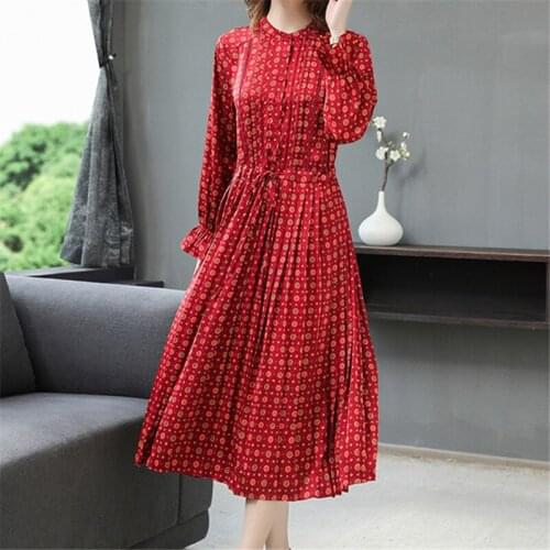Autumn and winter retro print dress long sleeves 2020 new stand-up collar pleated drawstring waist temperament long dress