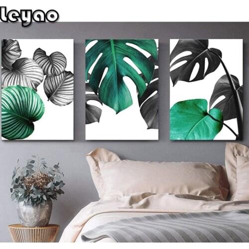 Full round diamond painting green leaf simple life mosaic plant Triptych diamond painting cross stitch kit room decoration gift