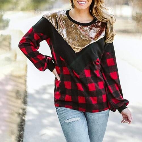 Casual Women Plaid Print O Neck Long Sleeve Patchwork Shiny Blouse Sweatshirt for Wife