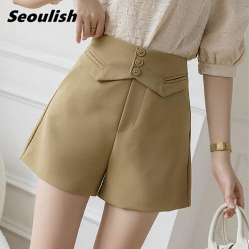 Seoulish Summer 2021 New Formal Womens Shorts Solid Buttons High Waist Office Wide Leg Shorts Elegant Chic Trousers Pocket