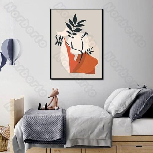 Modern Fashion Style Canvas Painting Wall Poster Hand-Painted Abstract Drawings an Orange Vase Green Branches for Home Decoratio