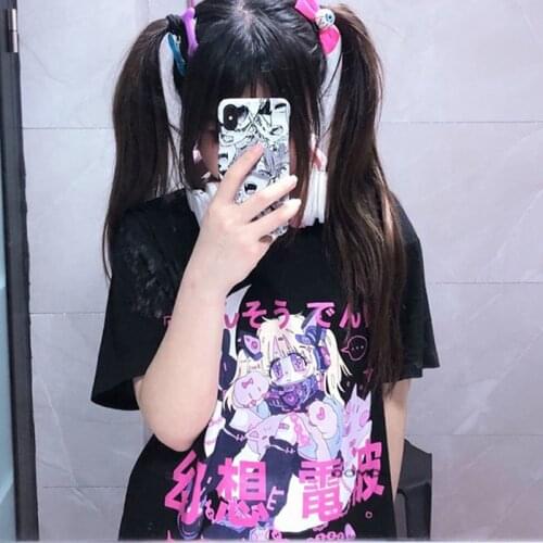 Japanese Streetwear Cute Sweet Girl Anime Cartoon Print Top Fantasy Radio Kawaii Y2K Loose Casual Vintage Chic INS Women T-Shirt