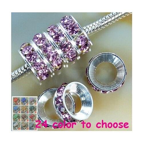 Yfgy543 10mm Light Purple Rhinestone Rondelle Spacer Beads,Rhodium Plated Big Hole European Beads