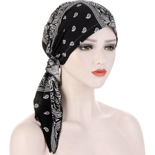 Female 2021 New fashion print woman turban hat soft elastic flowers lady muslim headdress wrap head scarf hijab caps turbante
